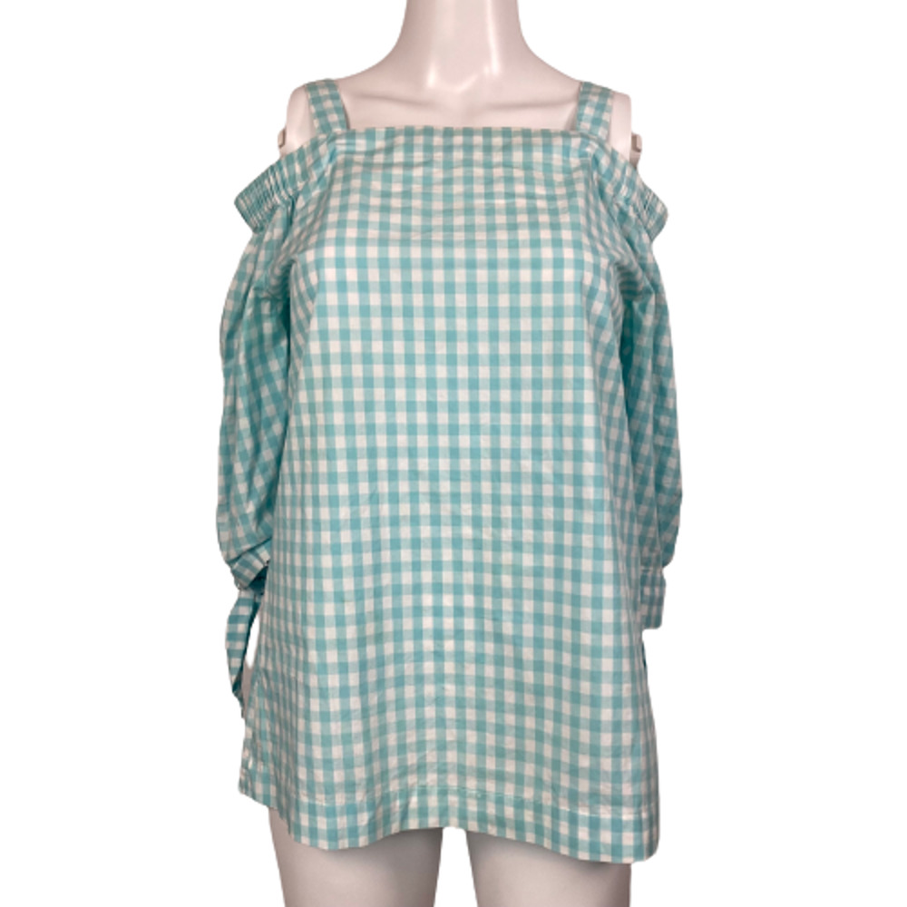 Tyler Boe Shirt Womens Sz XS‎ Aqua Blue White Gingham Cotton Cold Shoulder